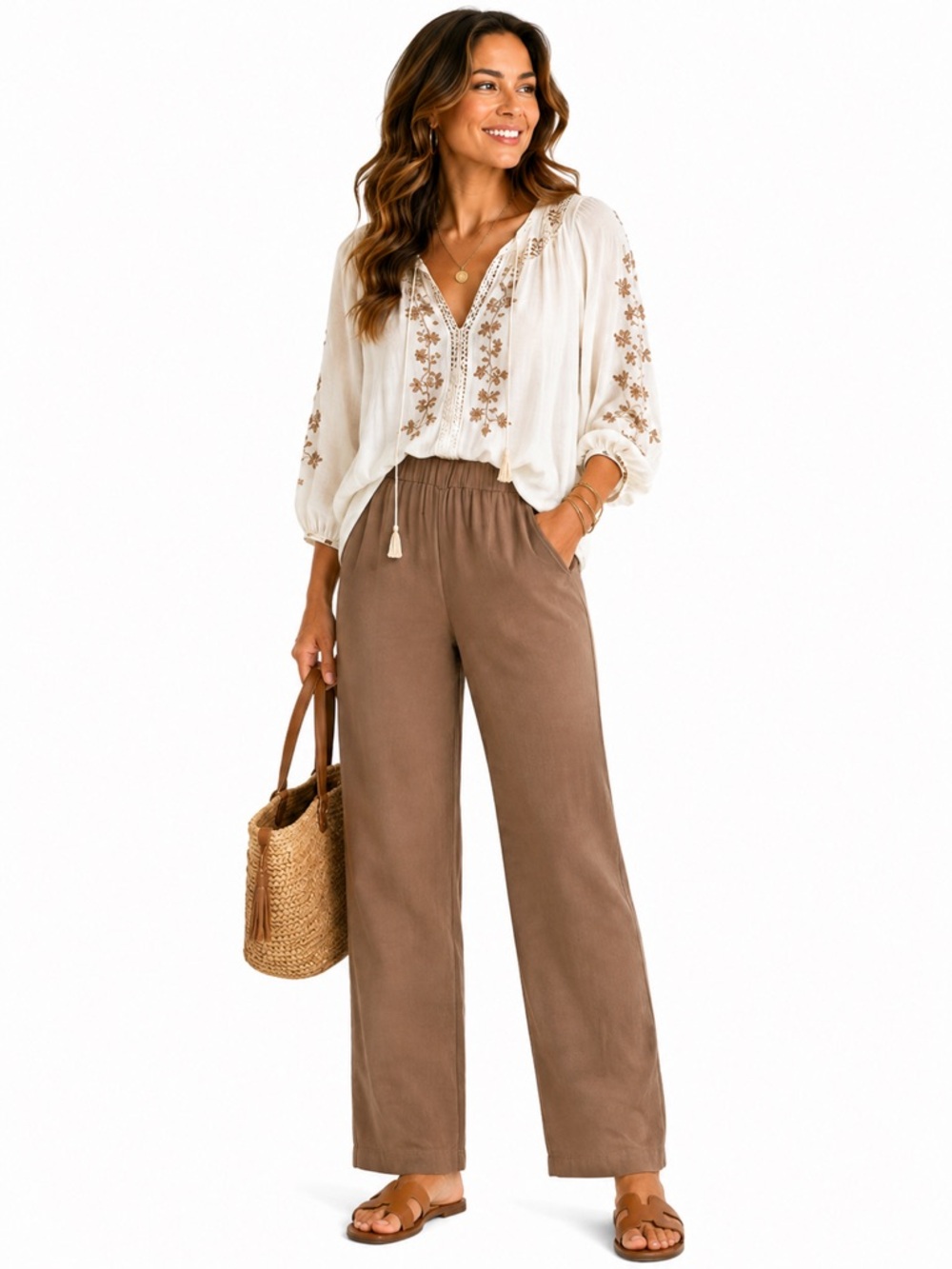 SHEIN Travachic Wide Leg Pants M Brown Pull On Elastic Waist Flowy Trousers